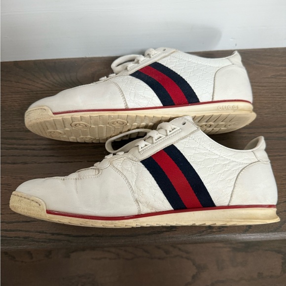 AUTH MENS GG LOGO WHITE GUCCI LEATHER SNEAKERS, SIZE 8, MADE IN ITALY - Picture 4 of 16
